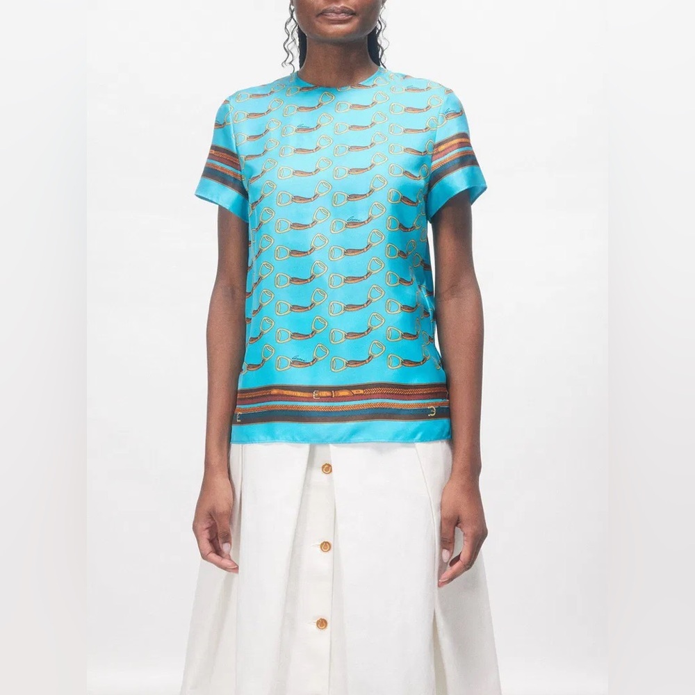 GUCCI Horsebit-Print Silk-Twill Top